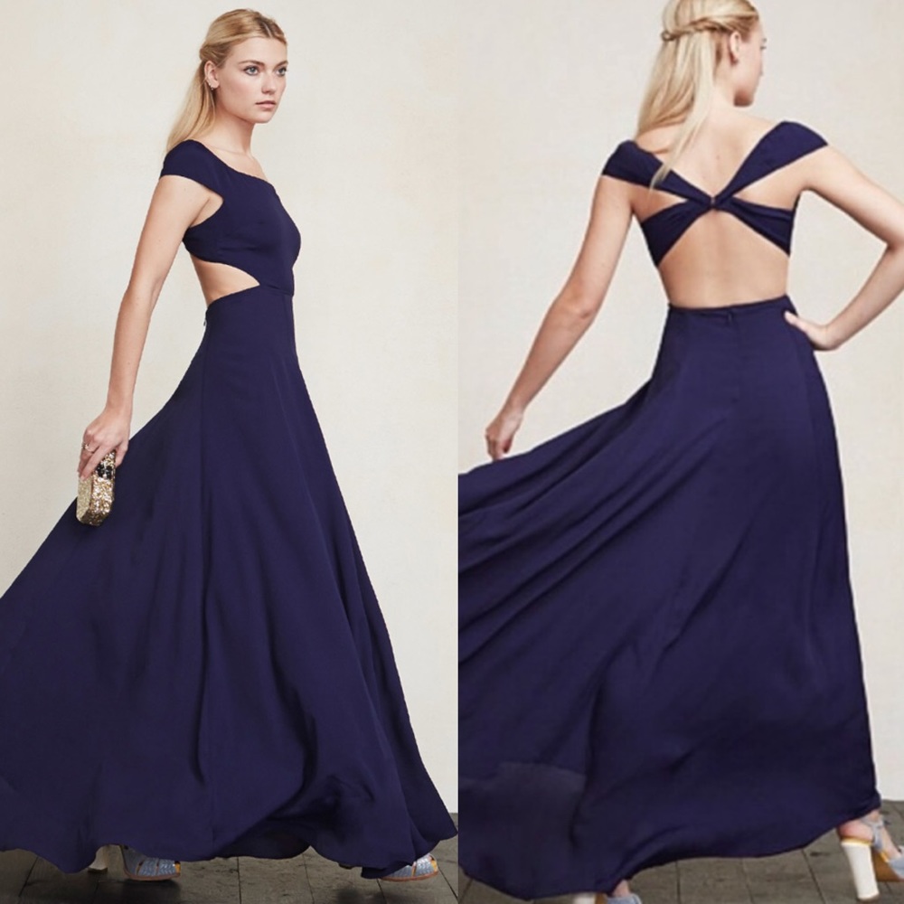 Reformation Sera Cross Cut-Out Back Sapphire Gown